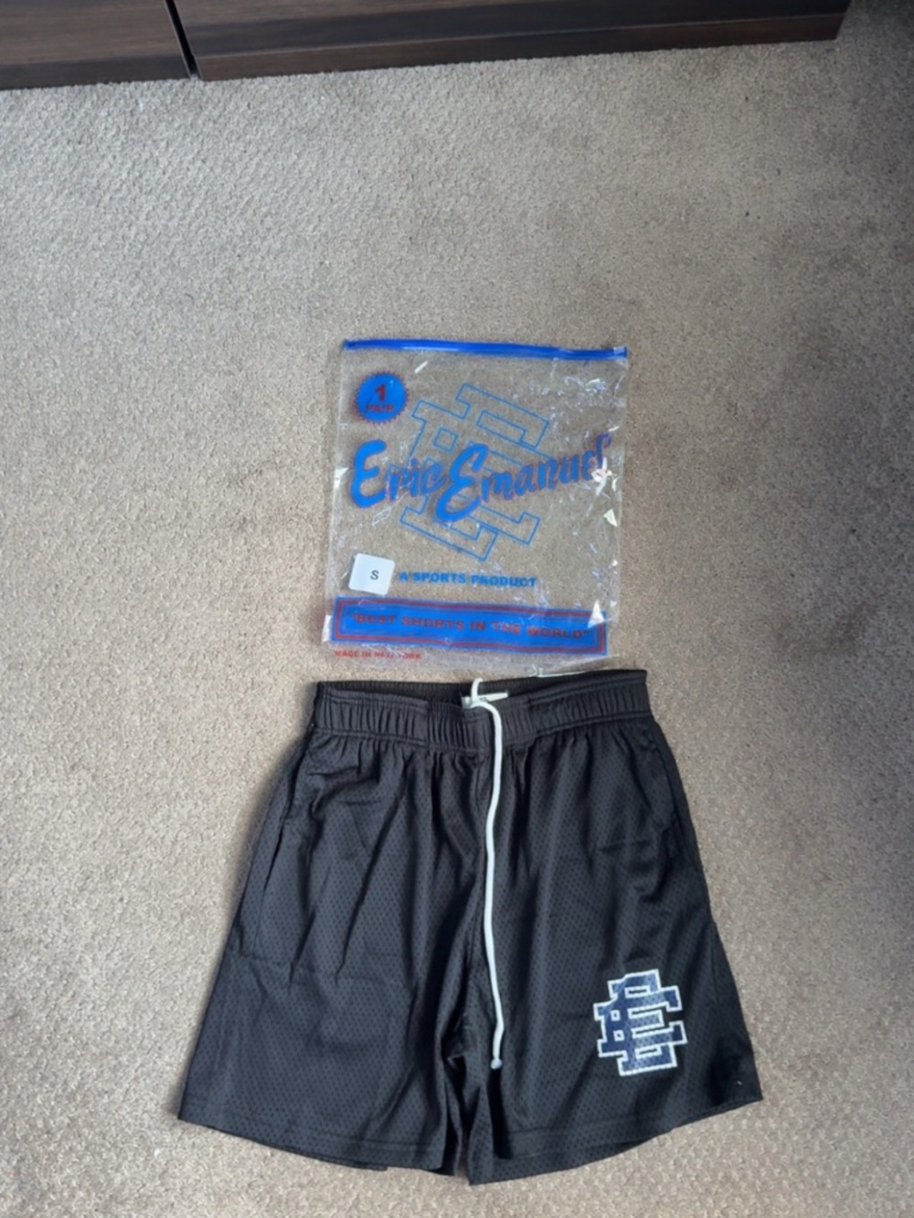 Brand new- Eric Emanuel Black Athletic Mesh Shorts with blue symbol